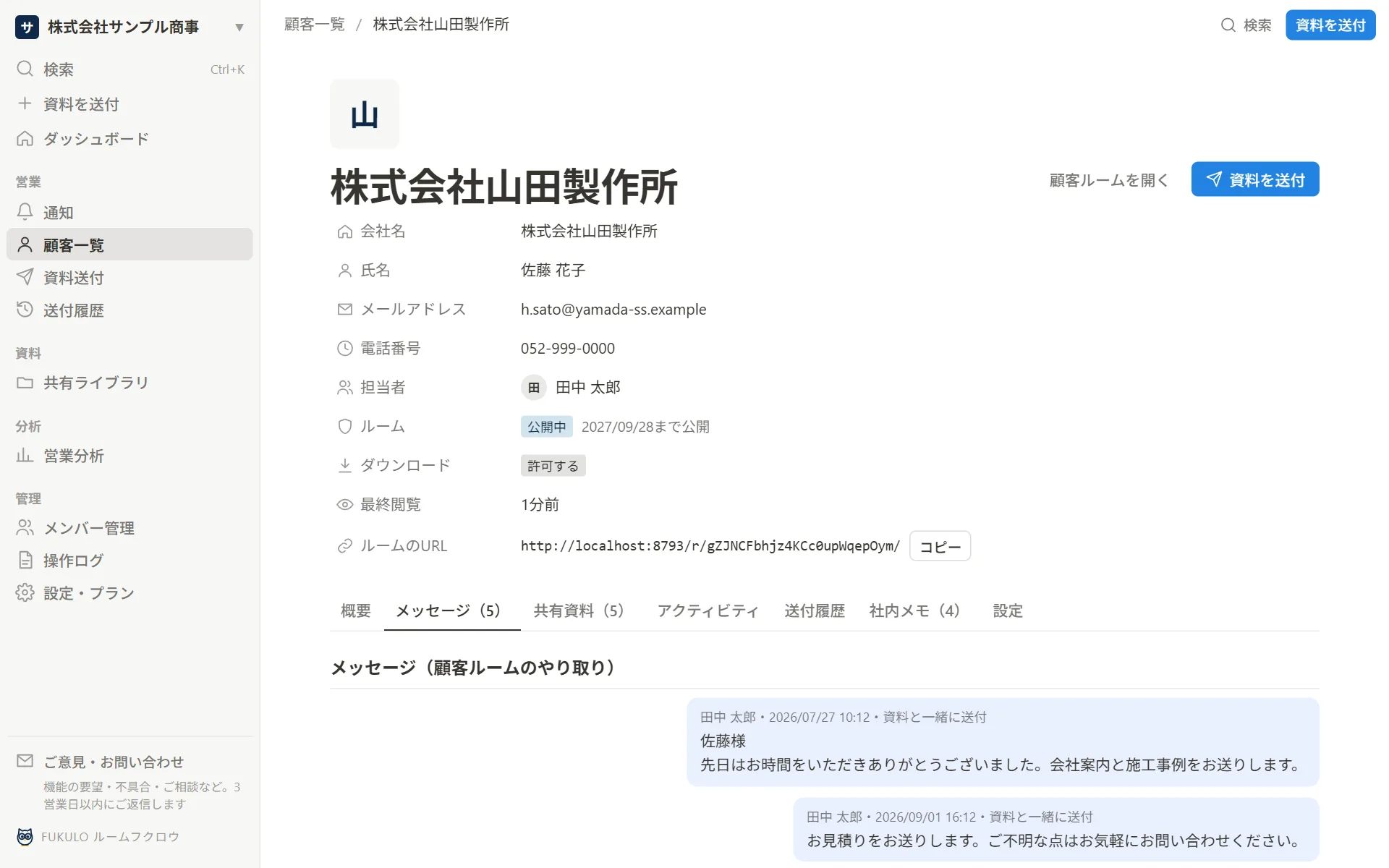 顧客の詳細のメッセージのタブ